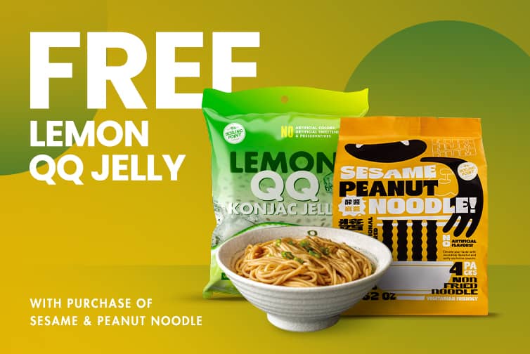 A pack of free lemon QQ jelly next to a pack of Sesame & Peanut Noodle